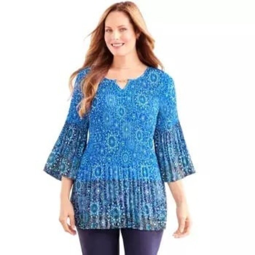 Catherines Top Womens 2x 22/24w Blue Purple Accordian Pleats Lightweight V Neck